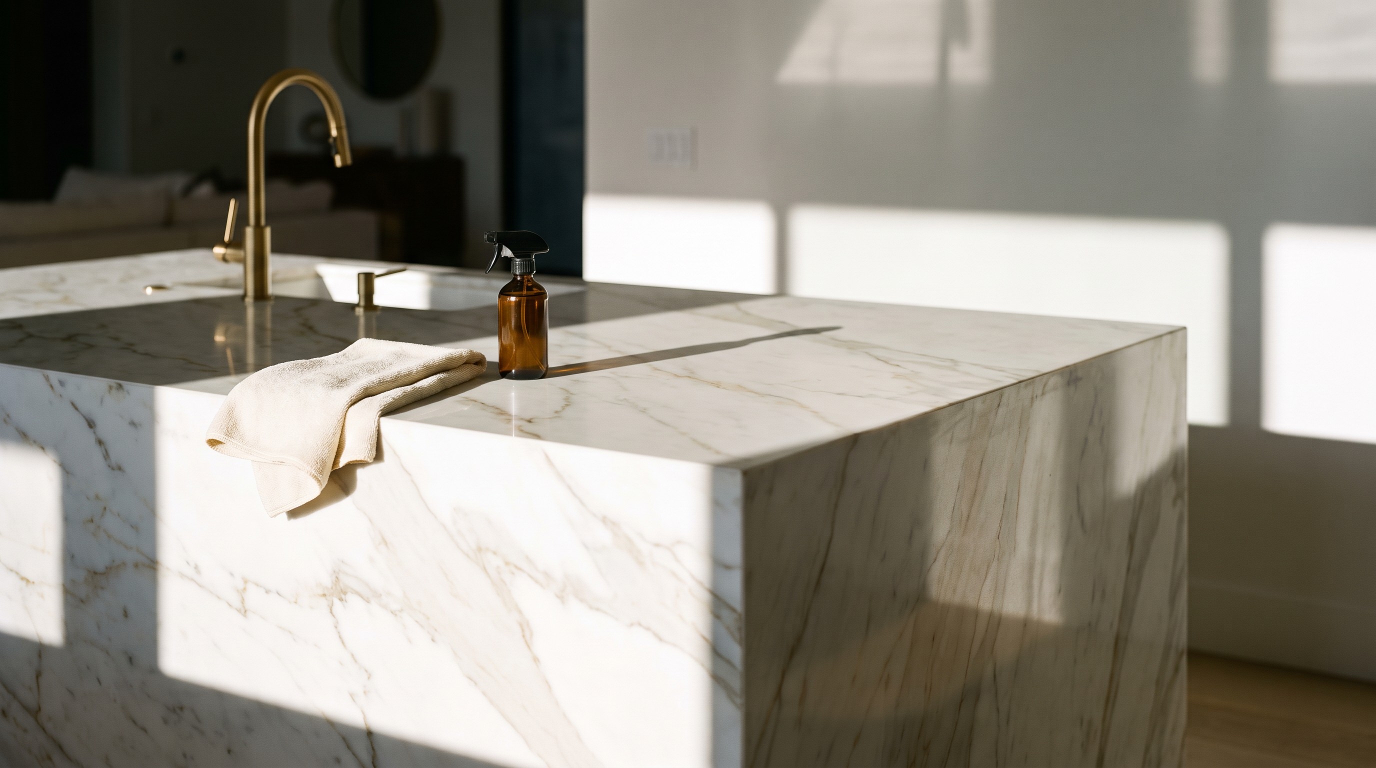 Polished white marble kitchen island with a brushed gold faucet in morning light