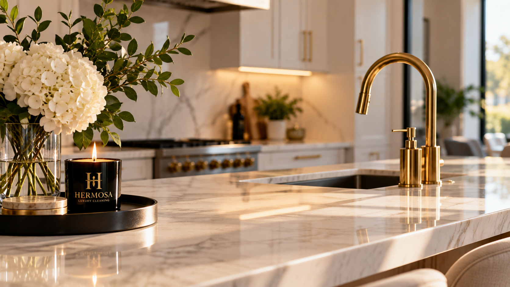 Hermosa Cleaning Specialist detailing a marble kitchen counter