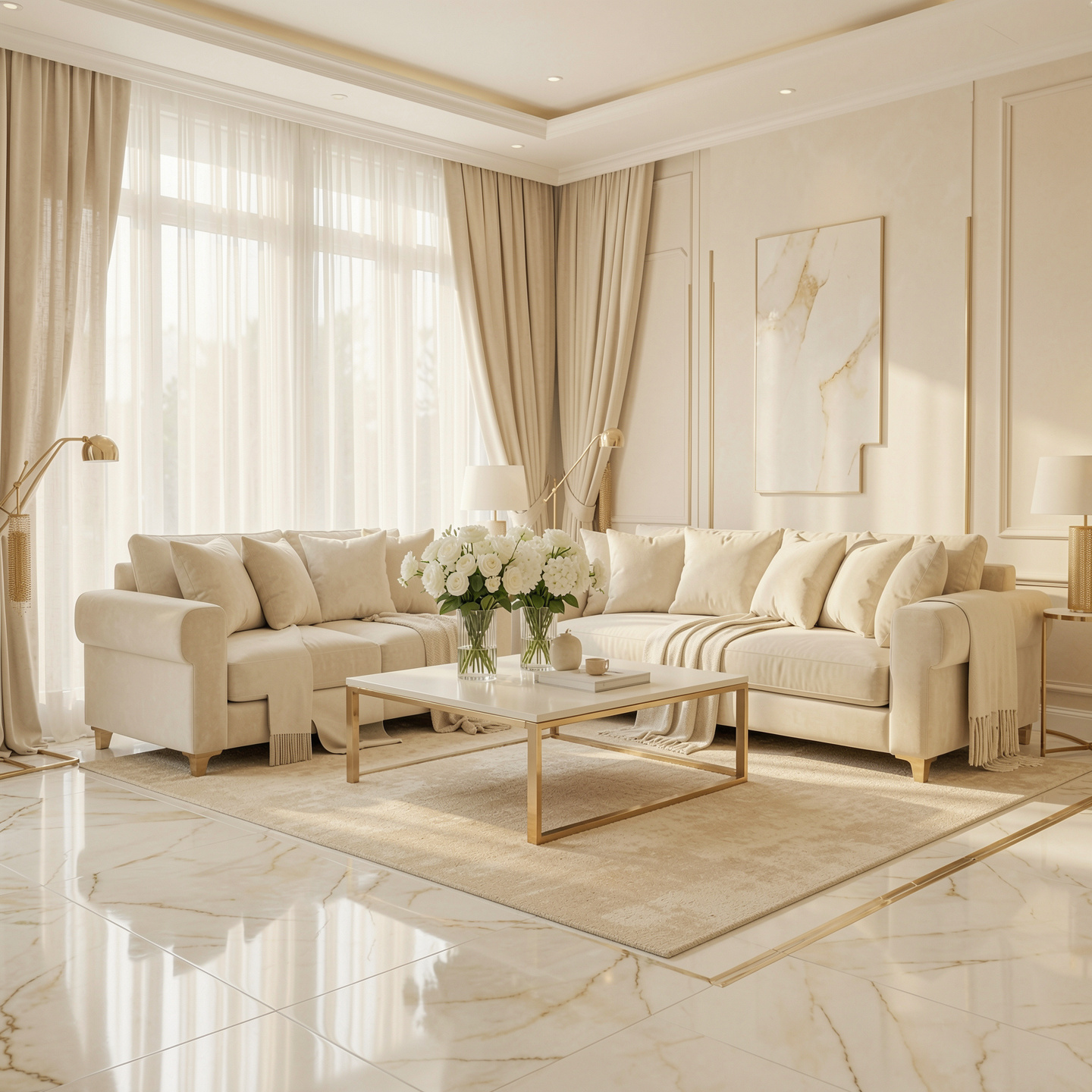 Luxury cream living room with marble floors and gold accents