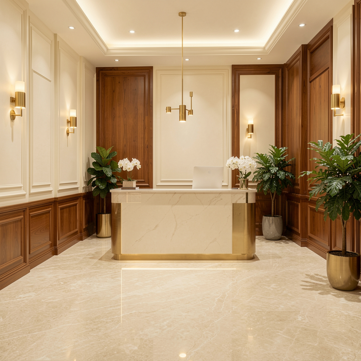 Boutique office lobby with marble reception desk and warm wood paneling