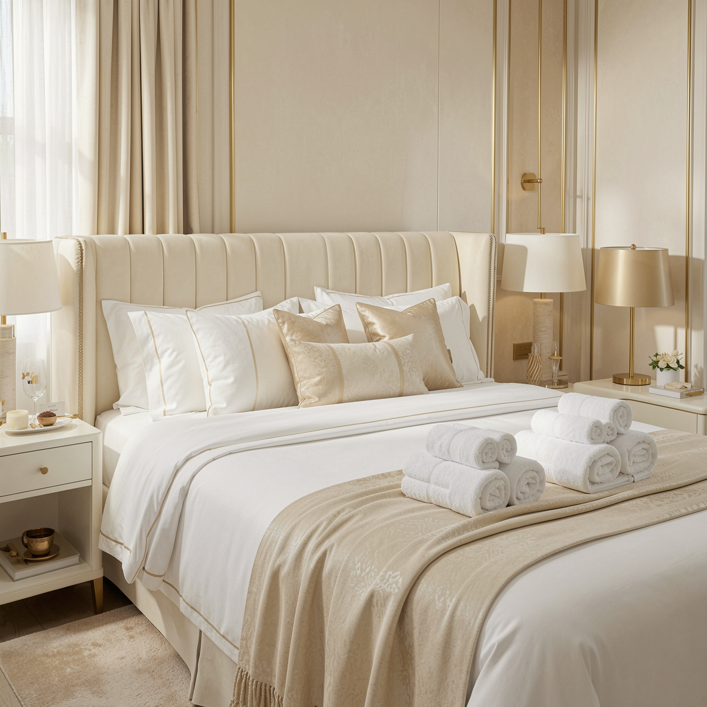 Guest-ready bed with crisp white linens and rolled towels