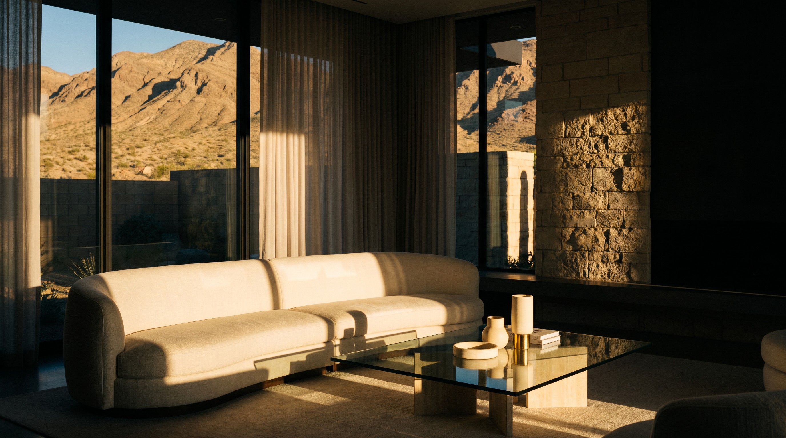 Serene living room with floor-to-ceiling windows overlooking the desert mountains at golden hour