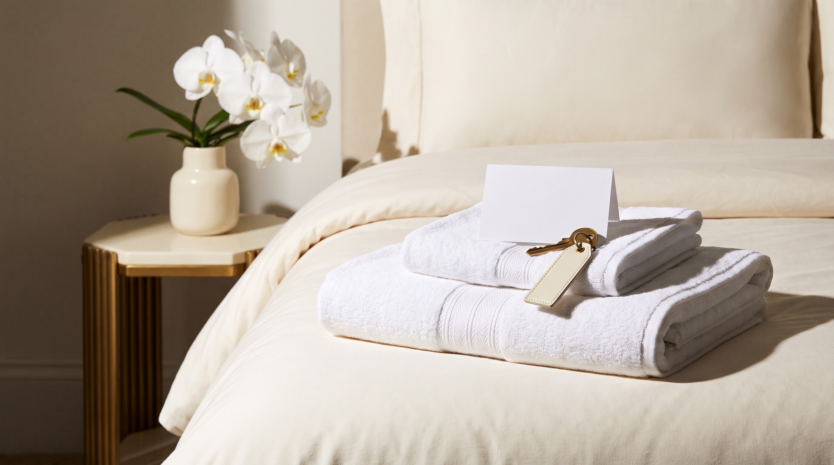 Hotel-folded towels, a welcome card and a key on a freshly made guest bed