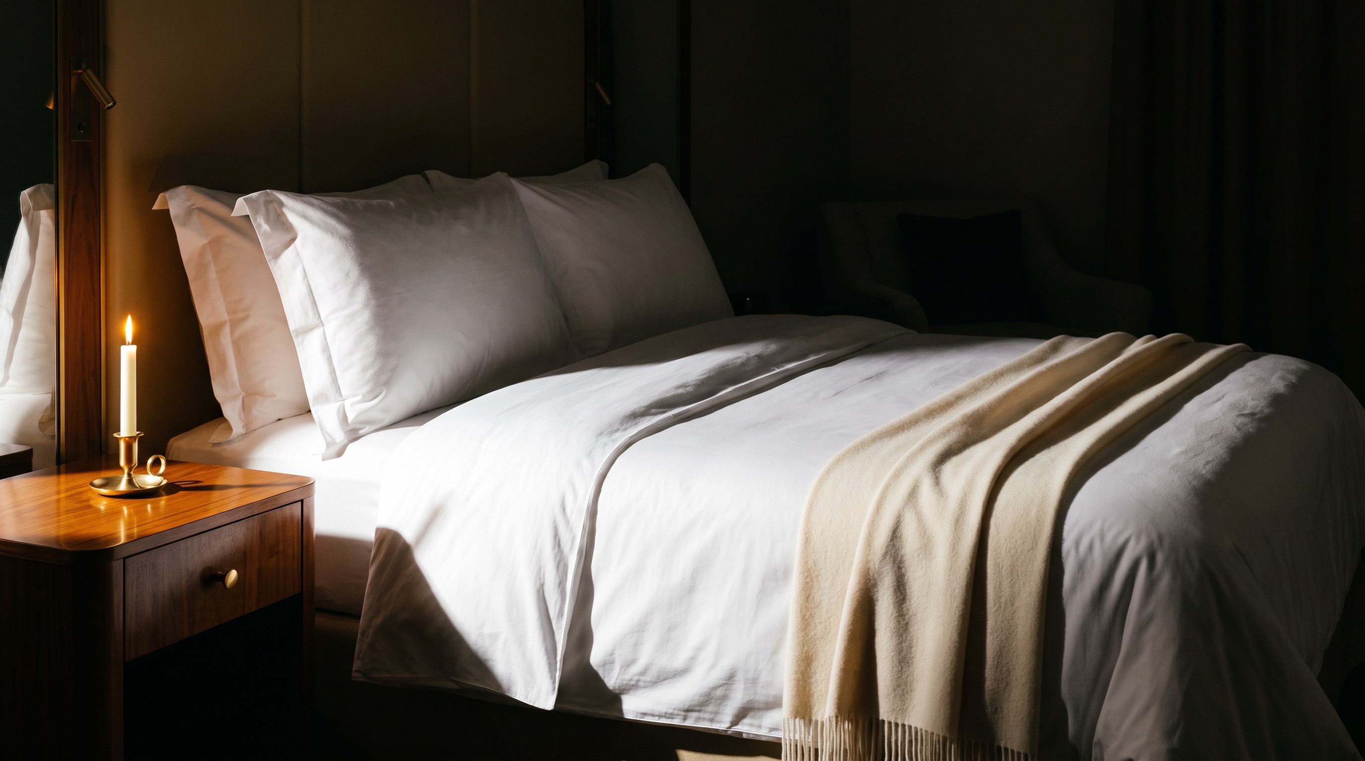 Crisp white bed with a folded cream throw and a candle glowing on the nightstand