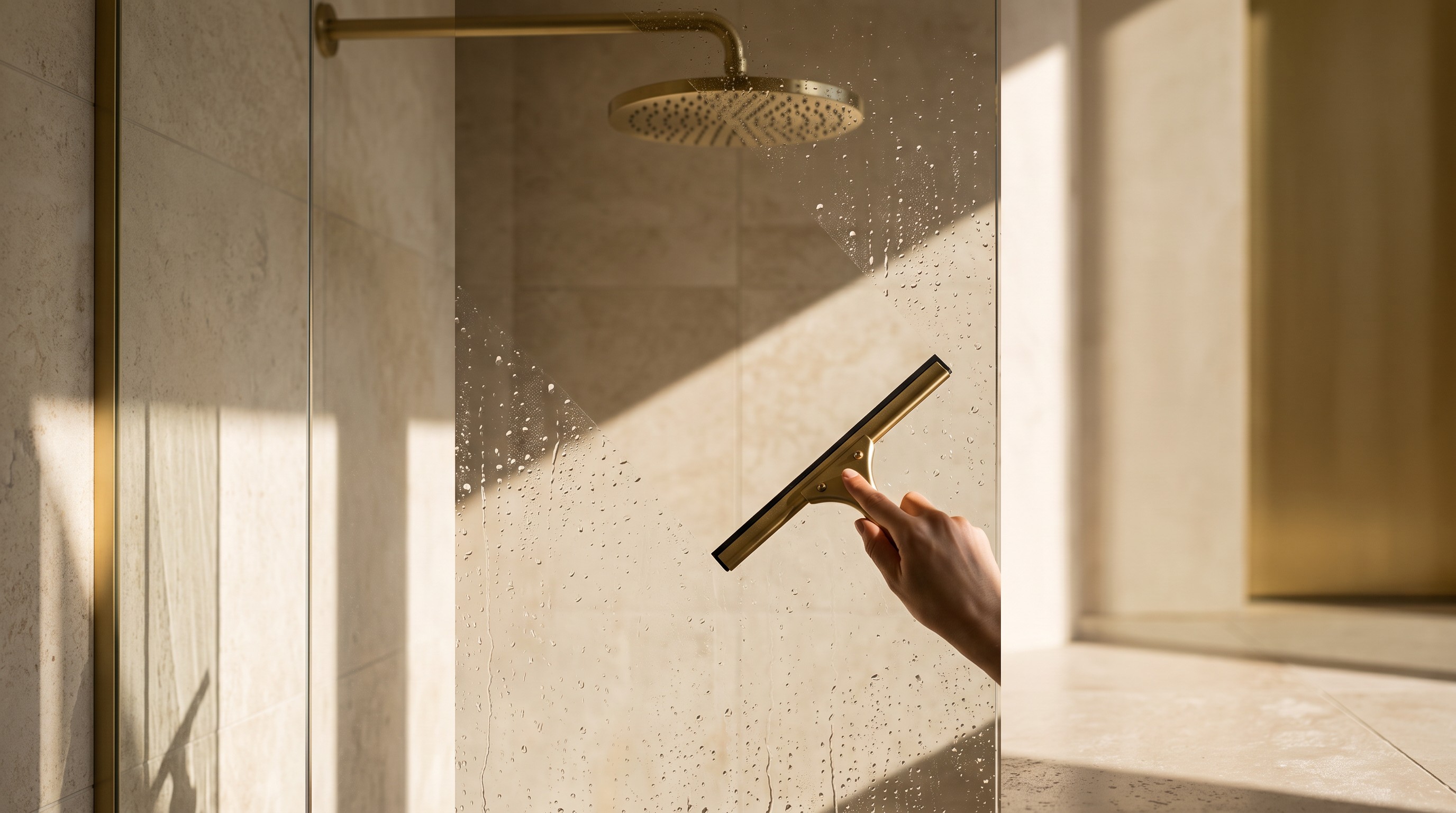 Squeegee clearing water droplets from a glass shower door beneath a gold rainfall showerhead