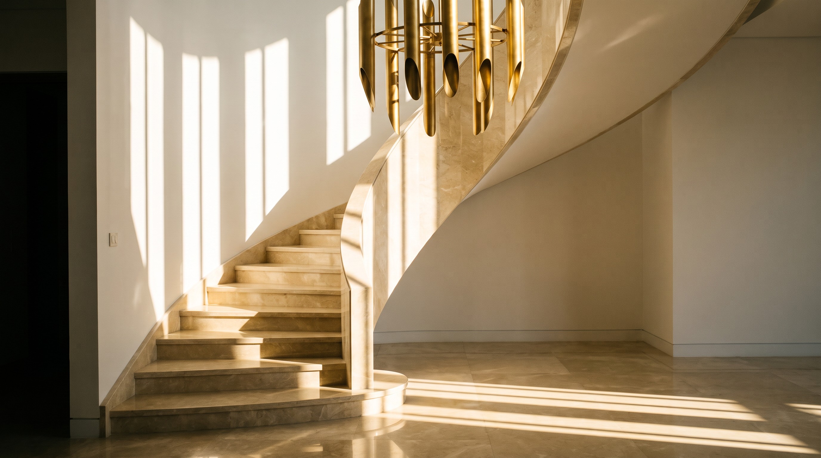 Sunlit luxury entryway with a curved staircase and gold chandelier