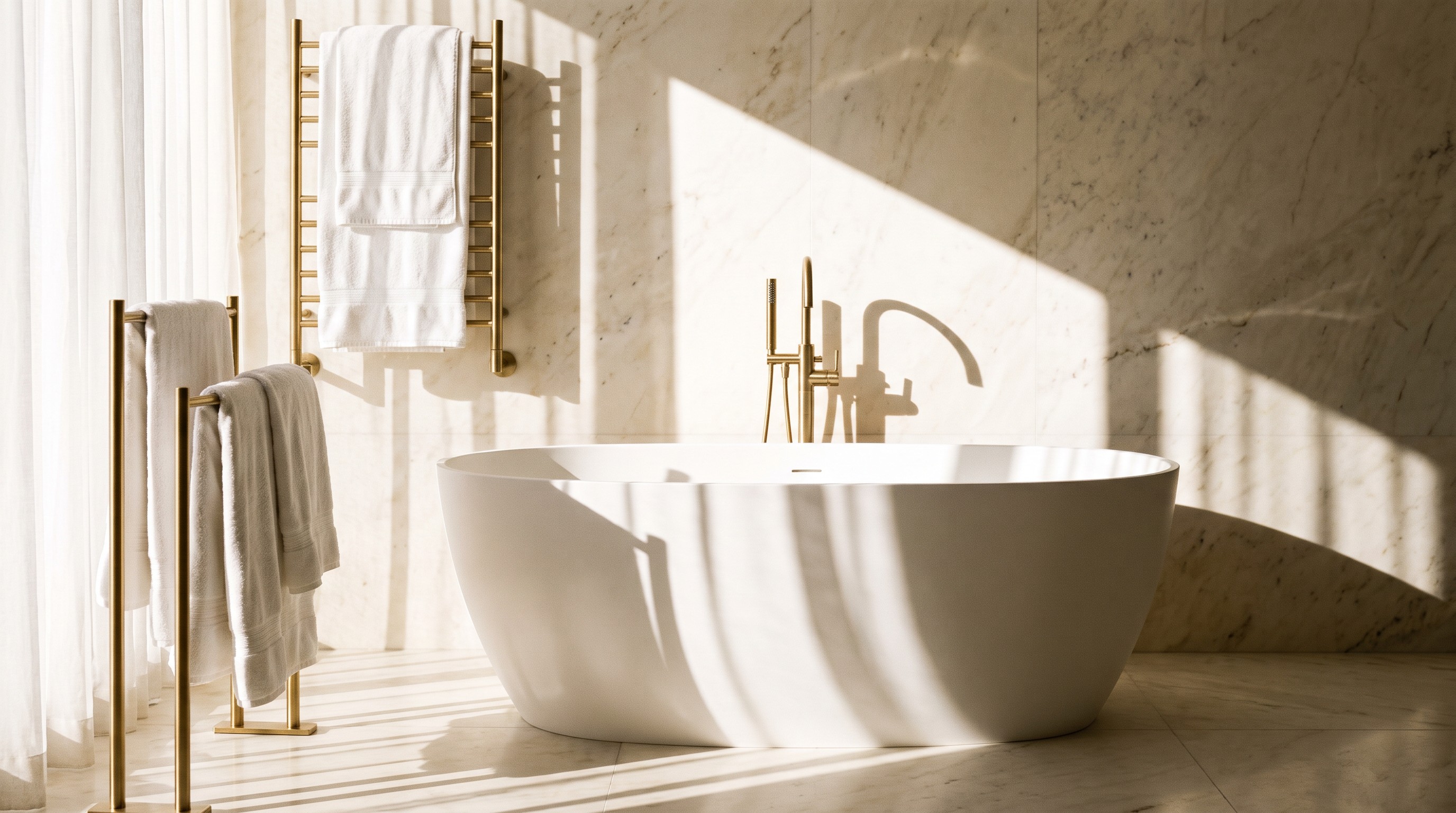 Luxury marble bathroom with a freestanding tub and gold fixtures