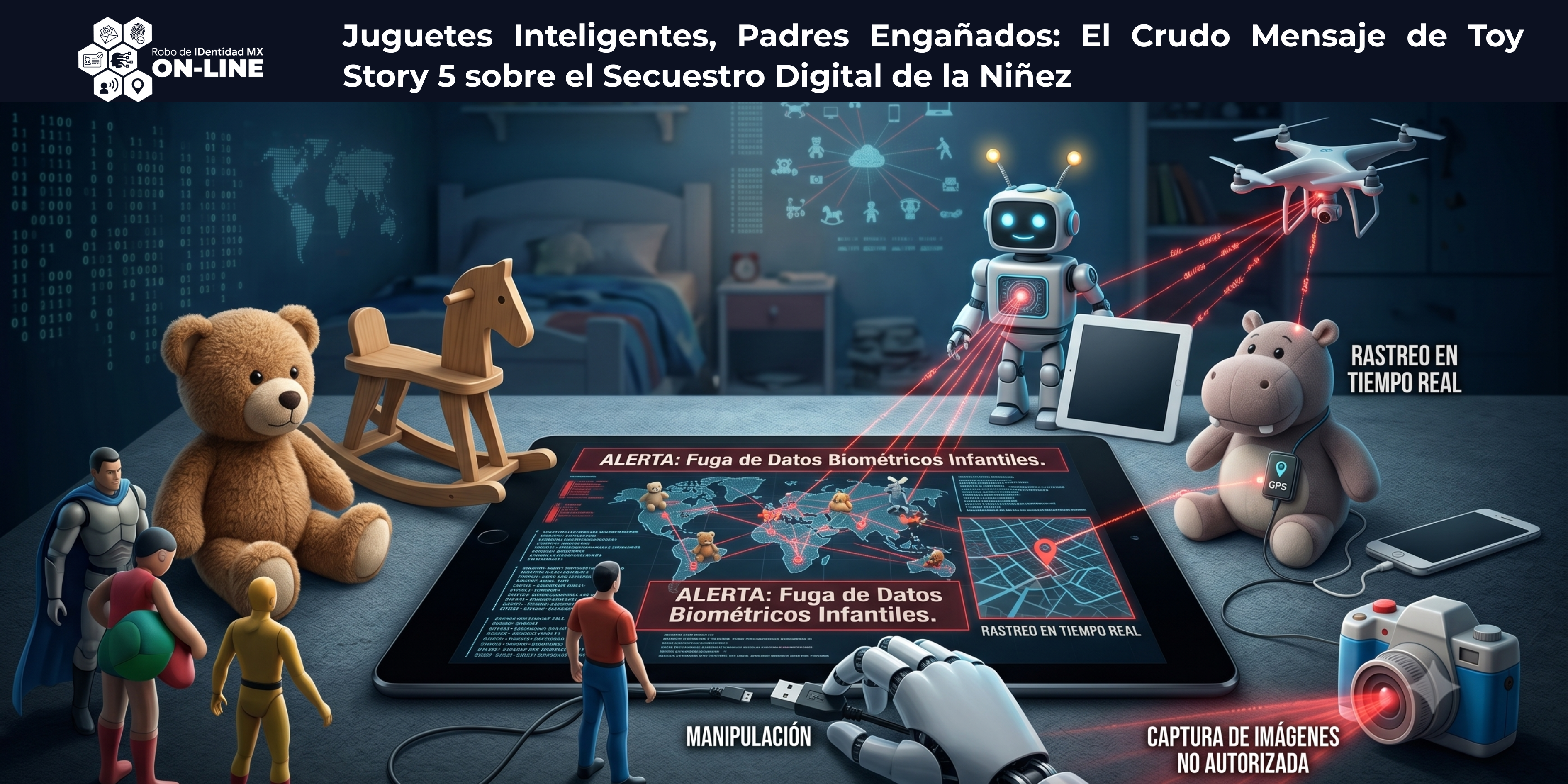 "ALERTA: Fuga de Datos Biométricos Infantiles," "RASTREO EN TIEMPO REAL" y "CAPTURA DE IMÁGENES NO AUTORIZADA. "ALERTA: Fuga de Datos Biométricos Infantiles," "RASTREO EN TIEMPO REAL" y "CAPTURA DE IMÁGENES NO AUTORIZADA.
