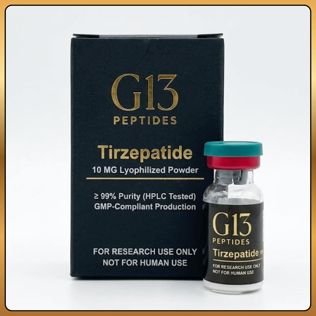 Tirzepatide research material vial by G13 Labs