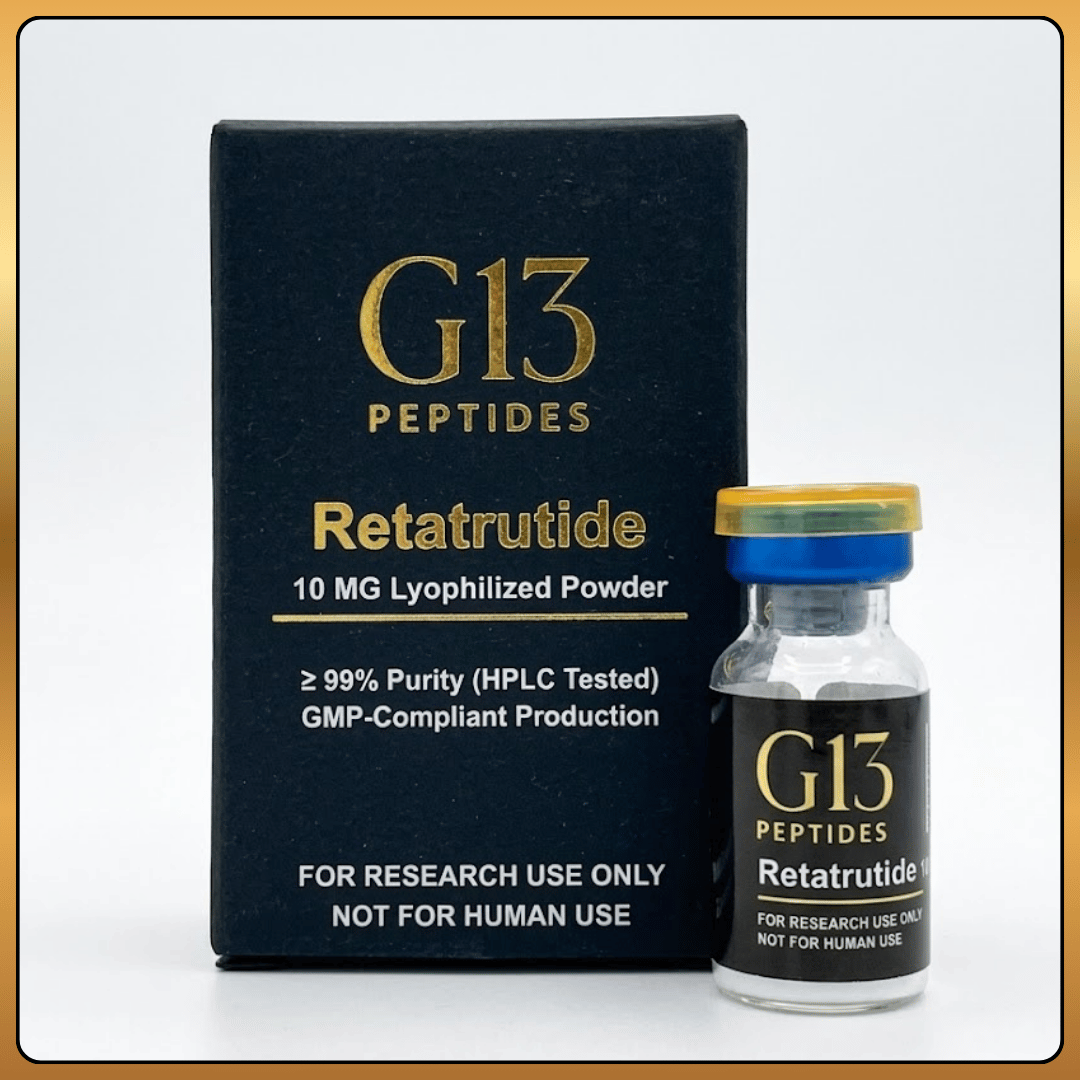 Retatrutide research material vial by G13 Labs