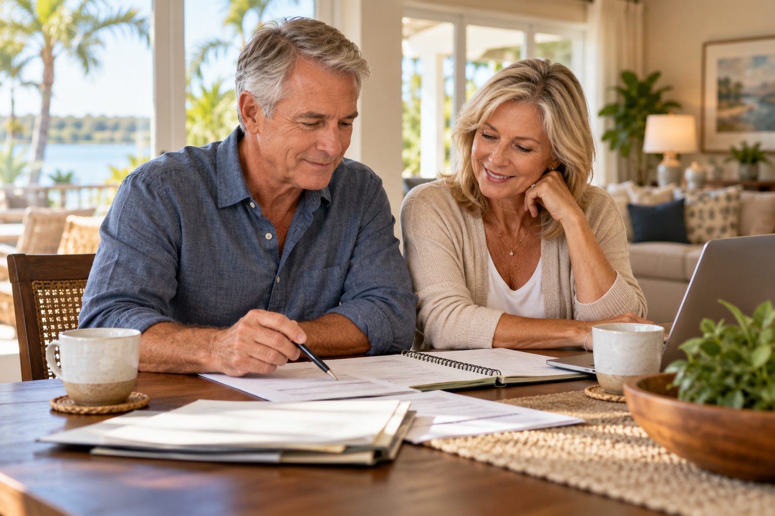 A retired couple reviewing their household budget at home