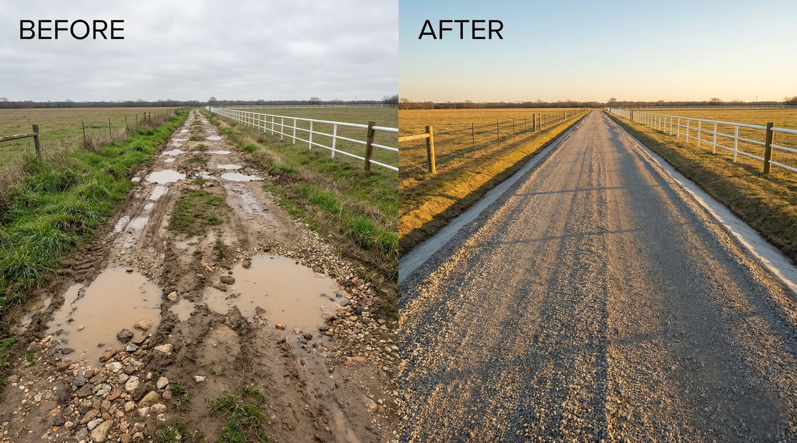 Before and after grading - Ranch Road in Aubrey