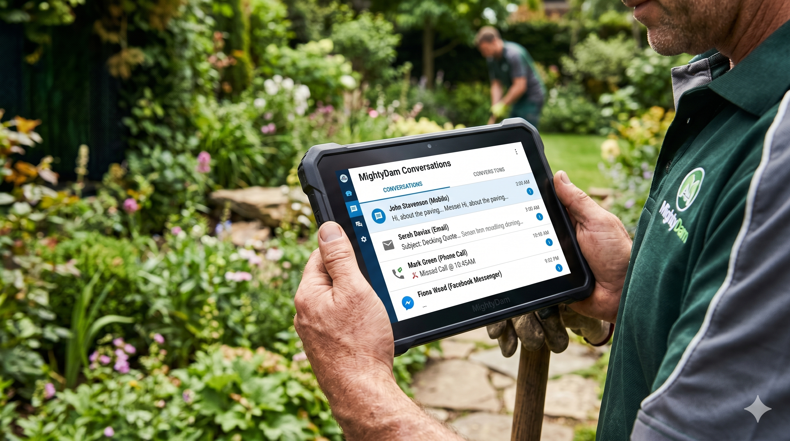 A close-up of a landscaper holding a rugged tablet that displays the unified MightyDam Conversations hub, consolidating client emails, texts, social media messages, and phone calls into a single dashboard.