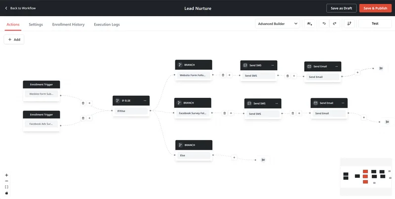 Emerge Lead Nurture builder connecting inquiries to text and email follow-ups