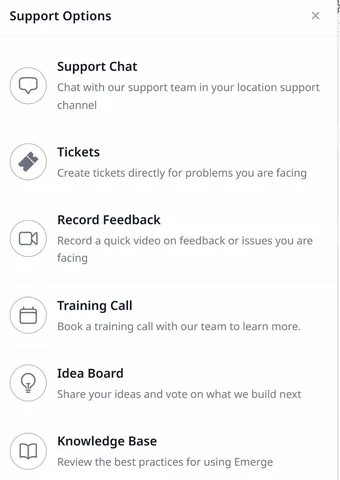 Support Options including chat, tickets, video feedback, training calls, idea board and knowledge base