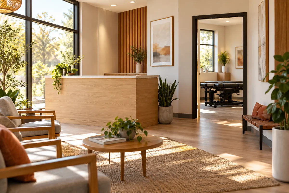 Illustrative scene: a calm clinic waiting area with a reception desk and a treatment room visible through an open door.
