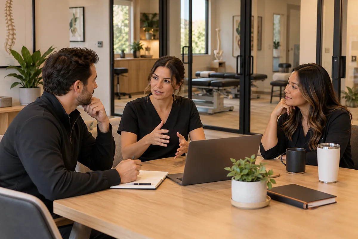 Illustrative scene: three clinic team members talk around a table with a laptop, with treatment rooms behind glass walls.