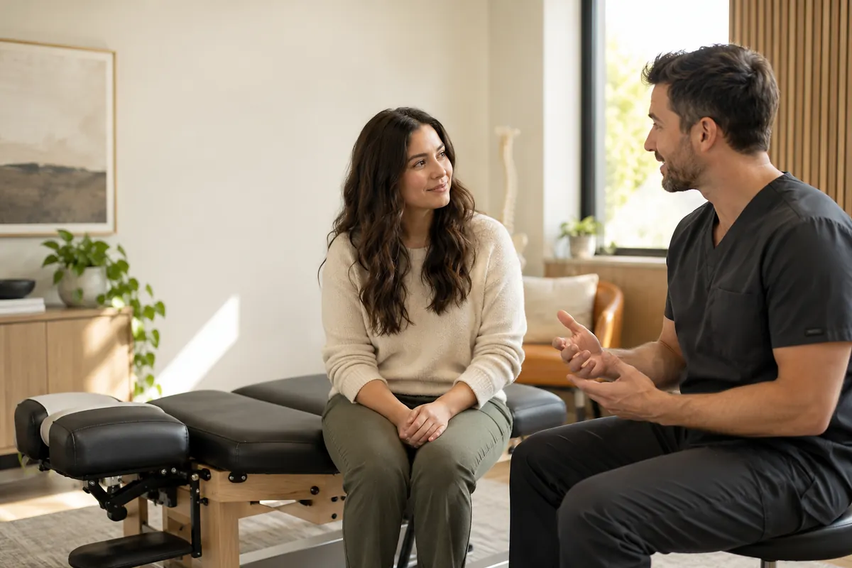 Illustrative scene: a chiropractor talks with a patient who is seated on an adjusting table in a bright clinic room.