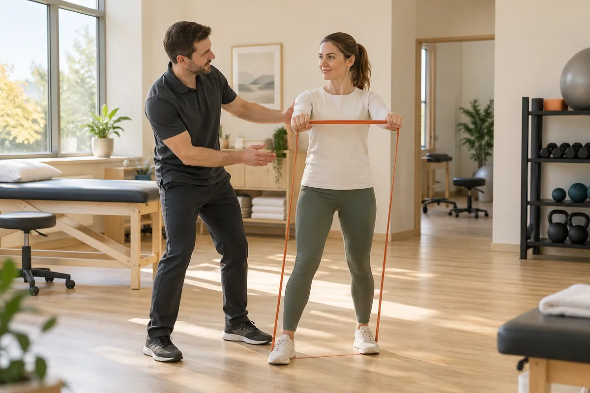 Illustrative scene: a physical therapist guides a patient through a resistance band exercise in a sunlit therapy room.