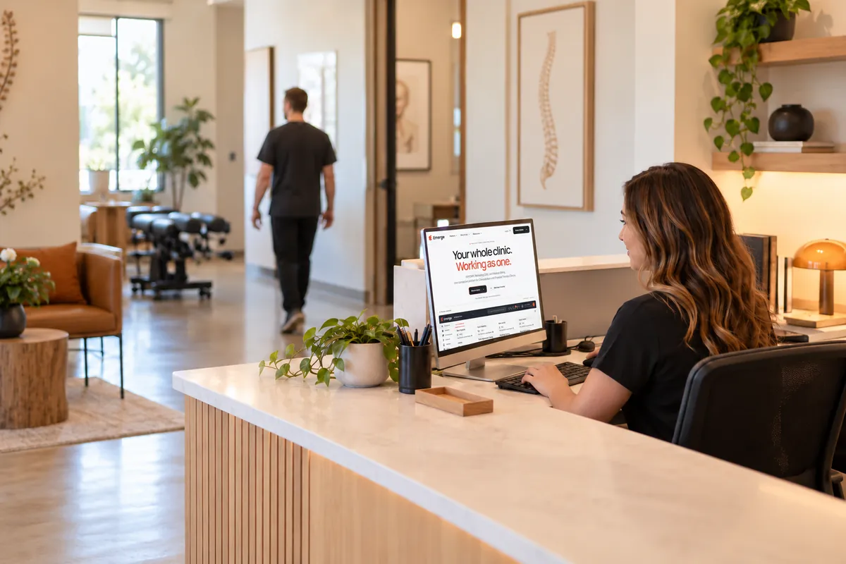Illustrative scene: a front desk team member works at a computer while a clinician walks down the hallway of a modern clinic.
