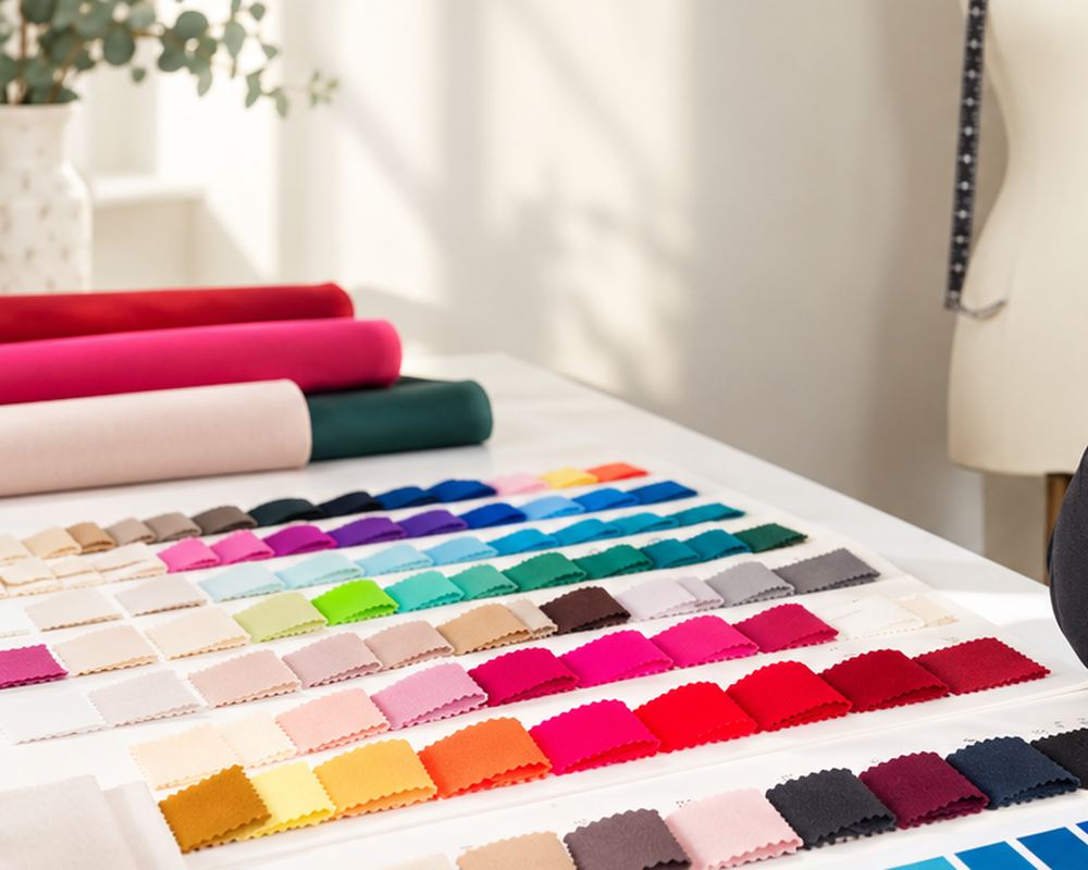 Rows of fabric colour swatches and rolls of fabric on the atelier table