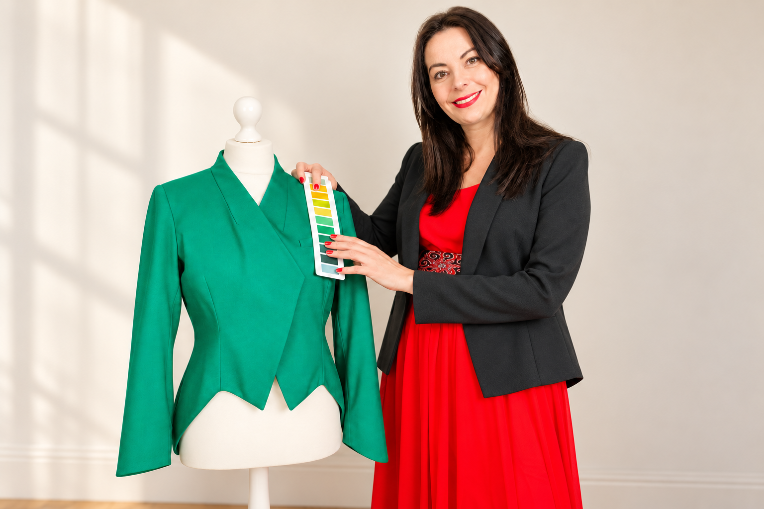 Myriam holding colour swatches against a green jacket on a dress form