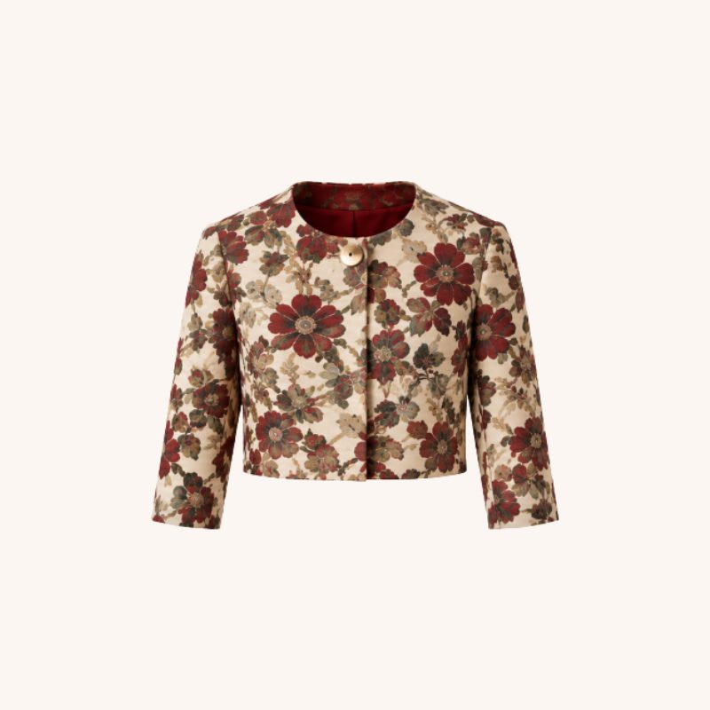Rita in a floral jacquard with a red lining
