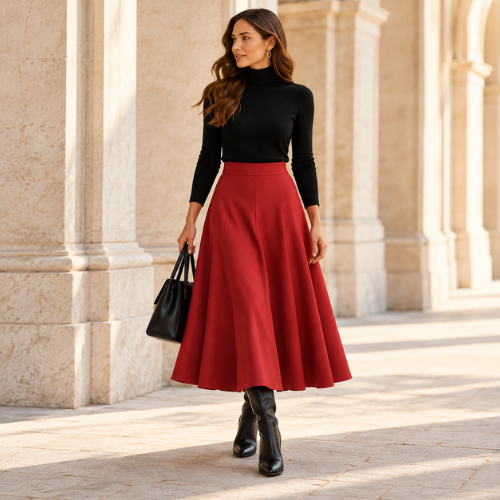 A woman wearing Aya in red with a black turtleneck and boots