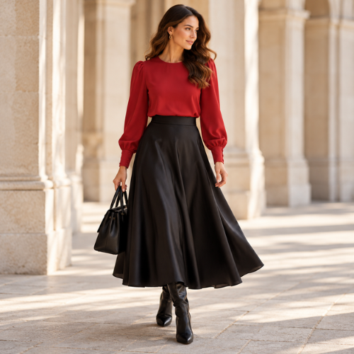 A woman wearing Lillie in red with a long black skirt and boots