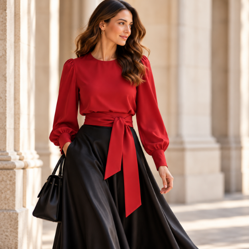 A woman wearing Bea in red over a red Lillie and a long black skirt