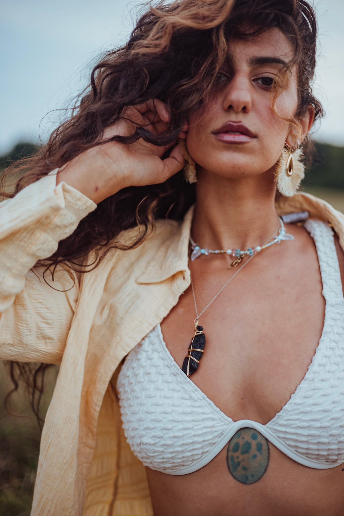 Savannah in a golden field, crystal necklace catching the light