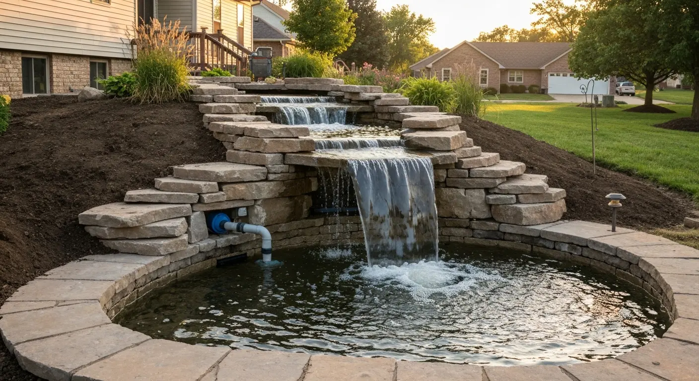Pondless waterfall installation near downtown Lisle