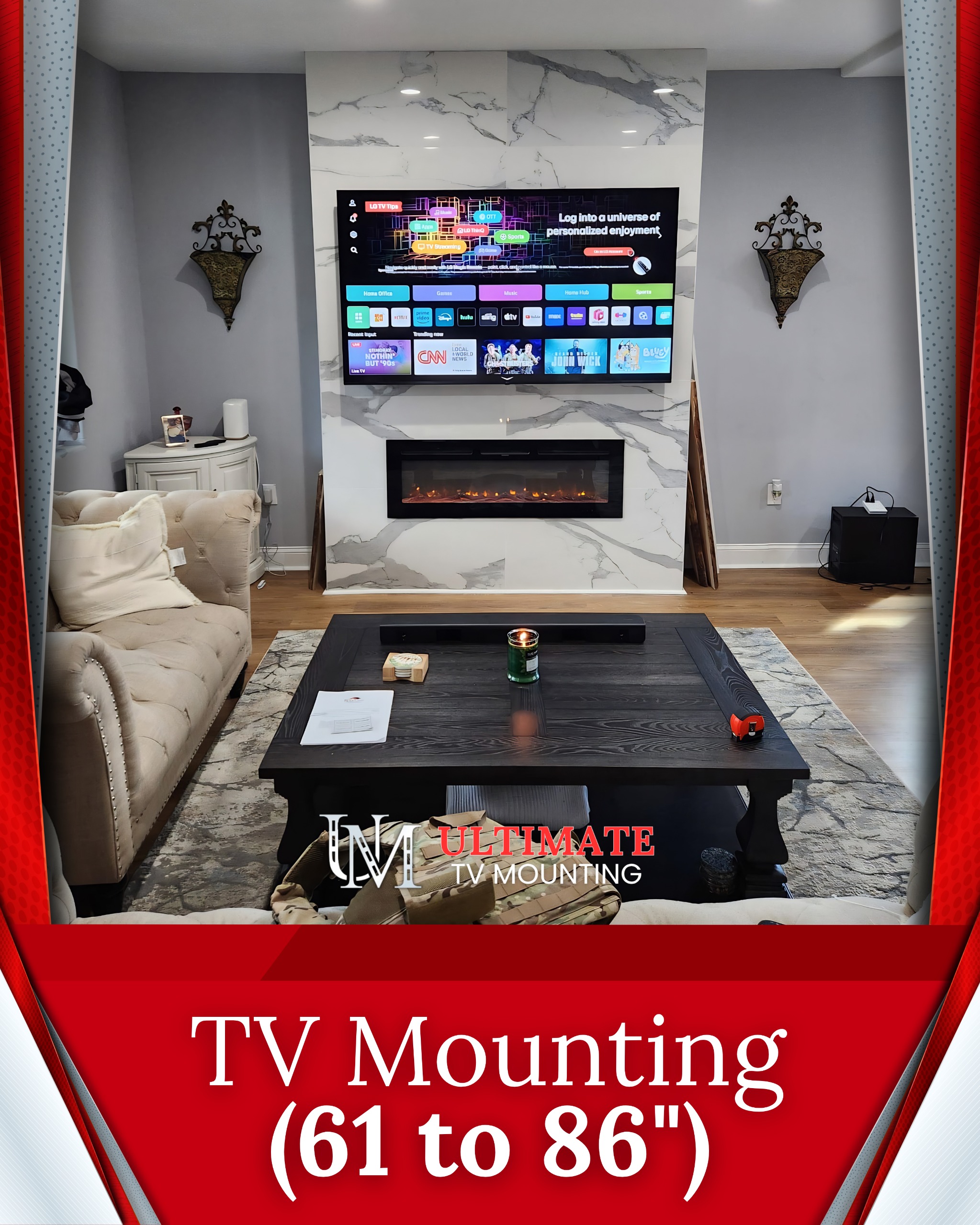 Large wall-mounted television from 61 to 86 inches