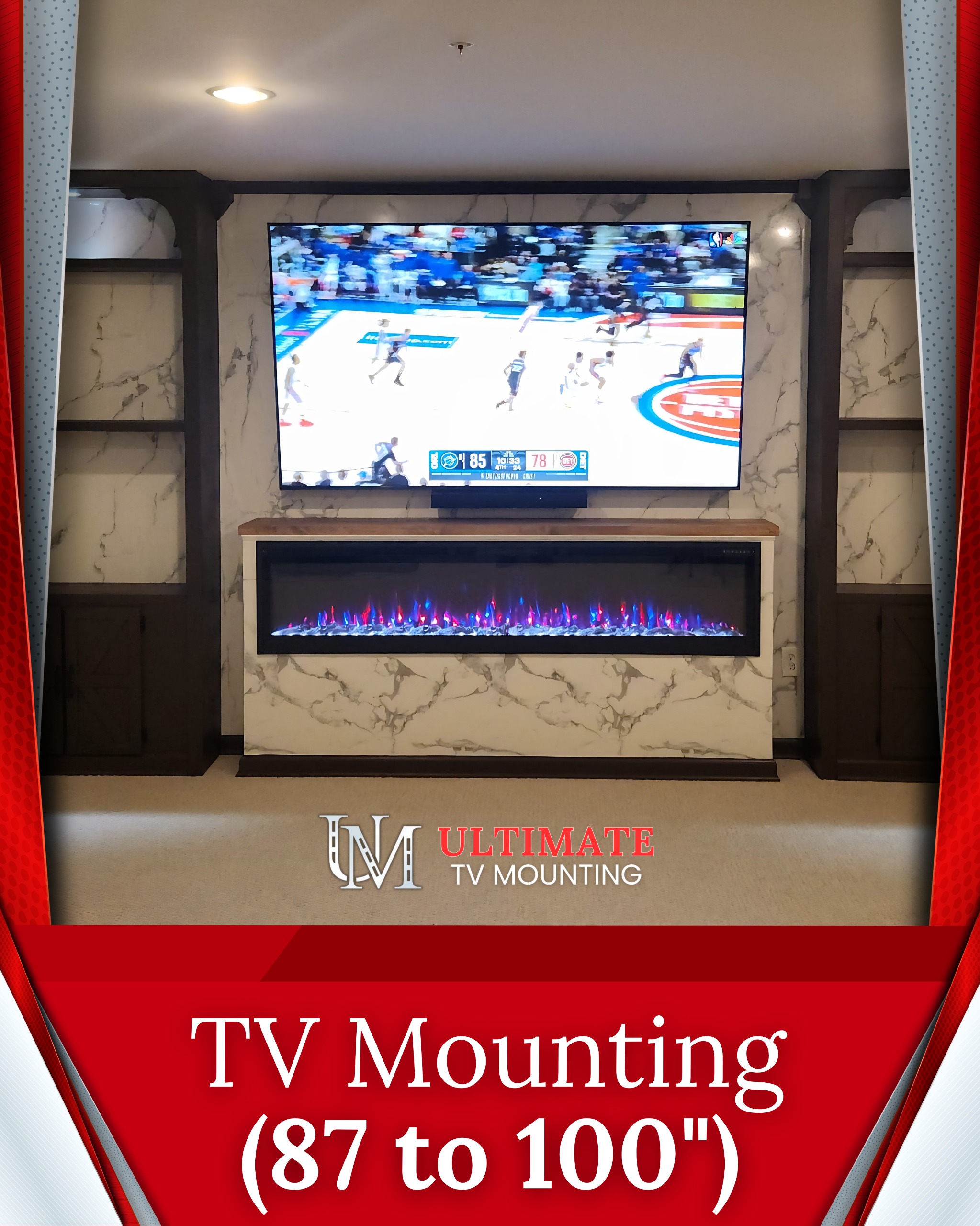 Extra-large television mounted on a feature wall