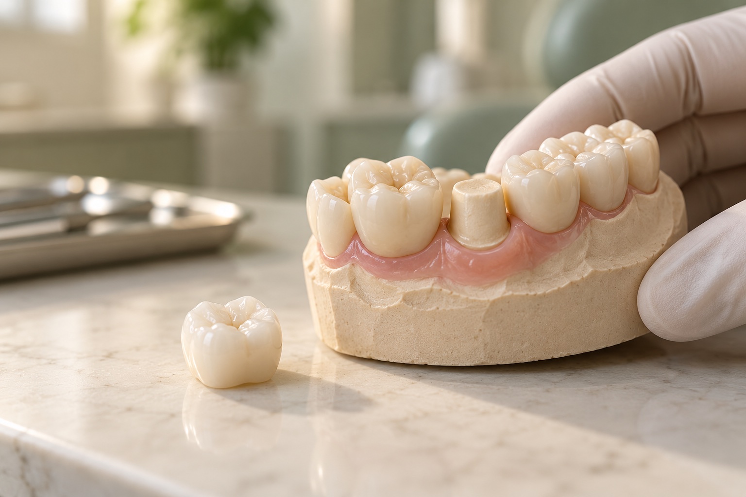 Illustrative dental model and crown, not a patient treatment result