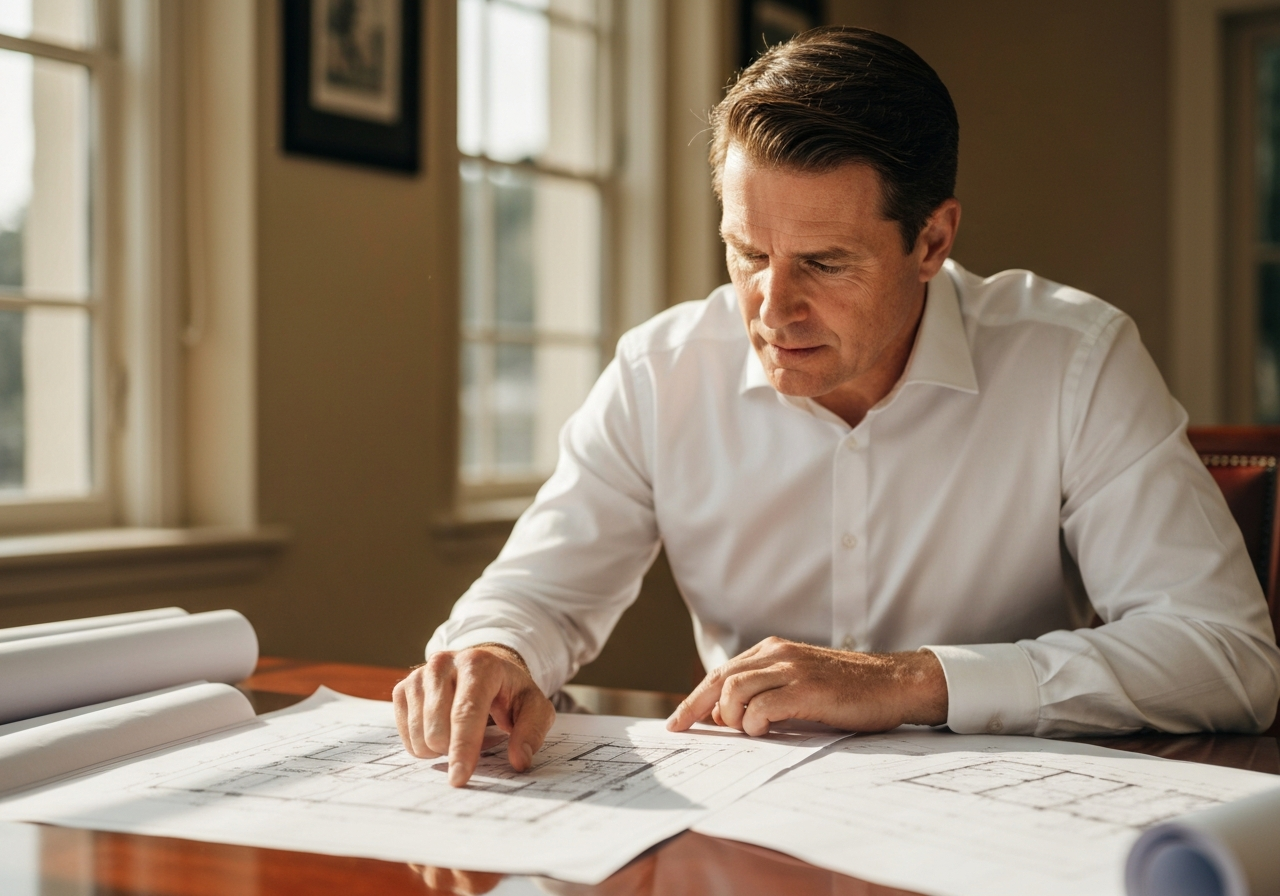 Man reviewing construction blueprints