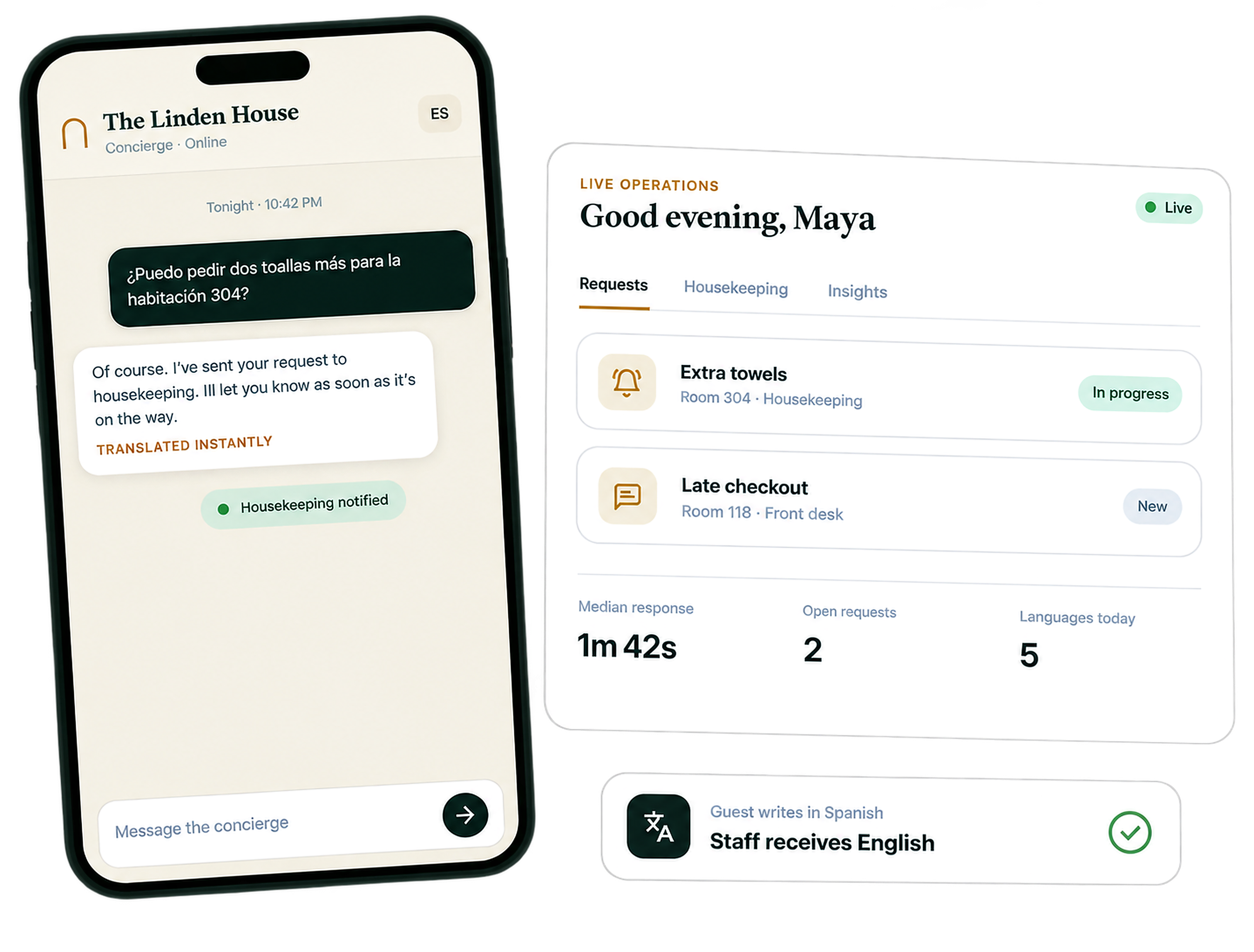 Cortesia guest concierge on a phone translating a Spanish towel request, next to the live staff dashboard