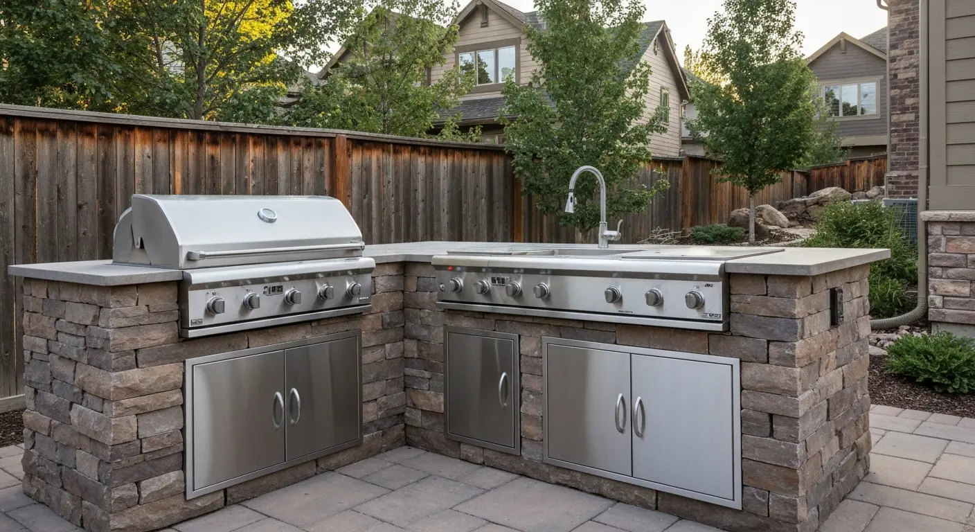 Stainless steel outdoor kitchen with stone countertops