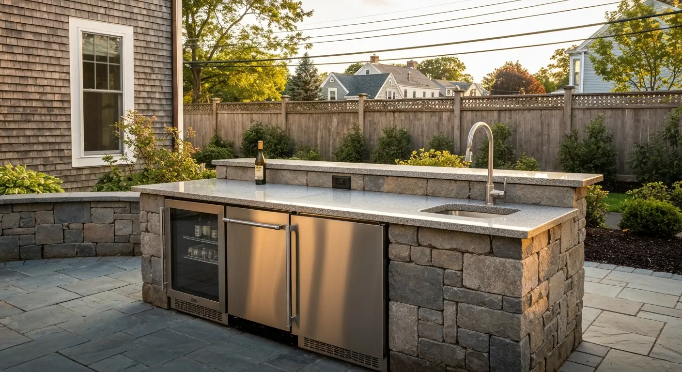 Outdoor kitchen sink and refrigerator installation