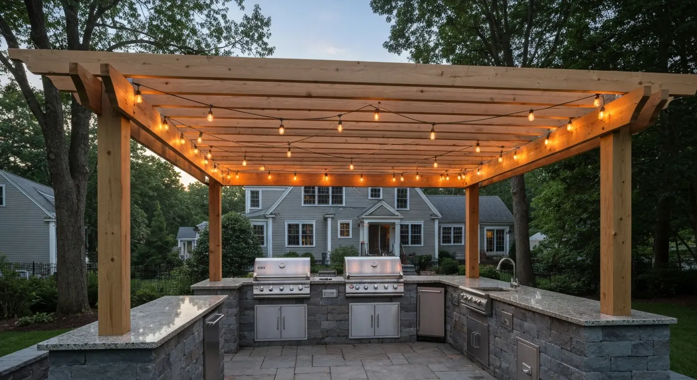 Outdoor kitchen with pergola and ambient lighting
