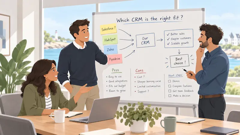 Équipe Loopline à Saint-Malo comparant plusieurs solutions CRM pour TPE et PME, dont Salesforce, HubSpot, Zoho et Pipedrive. Équipe Loopline à Saint-Malo comparant plusieurs solutions CRM pour TPE et PME, dont Salesforce, HubSpot, Zoho et Pipedrive.