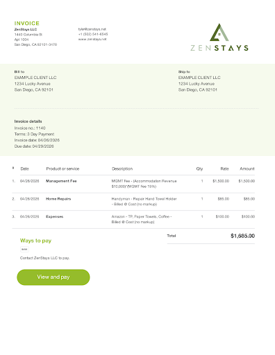 ZenStays Monthly Invoice