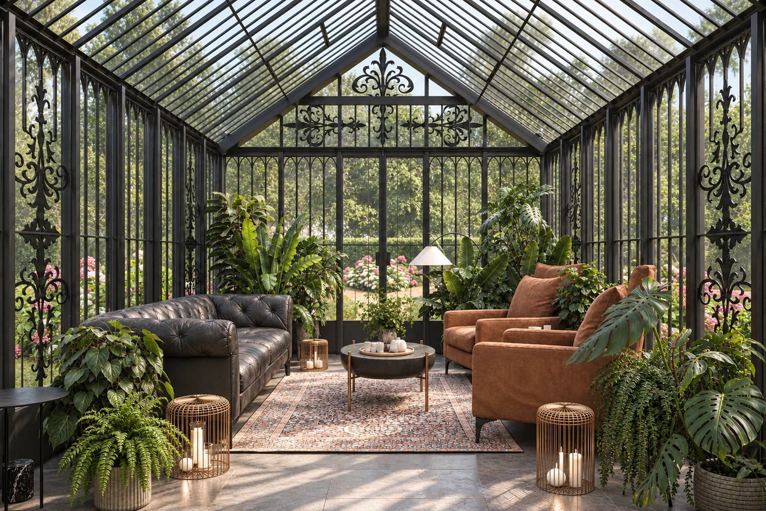 Ornate black conservatory lounge — architectural visualization