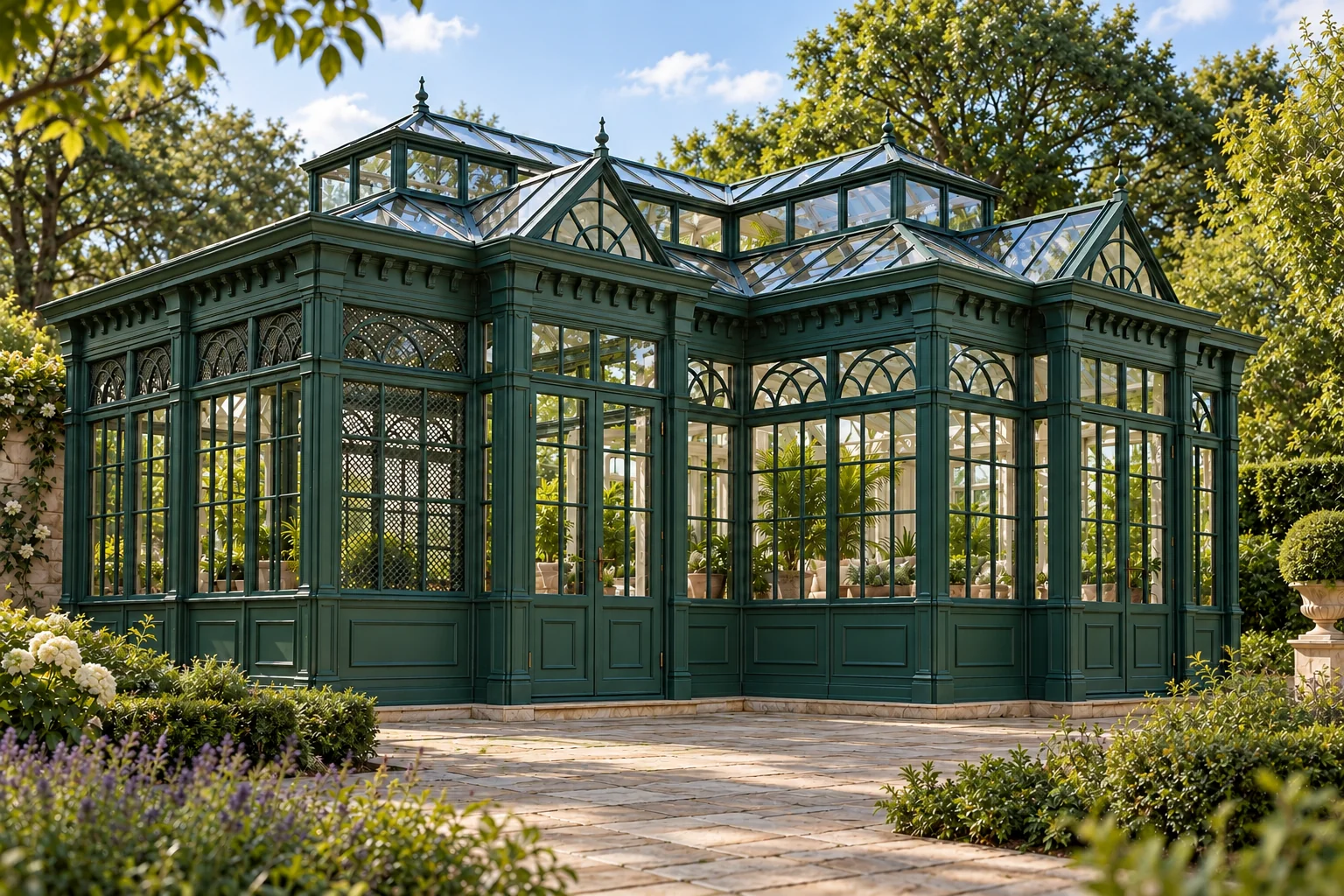 Green multi-lantern conservatory — architectural visualization