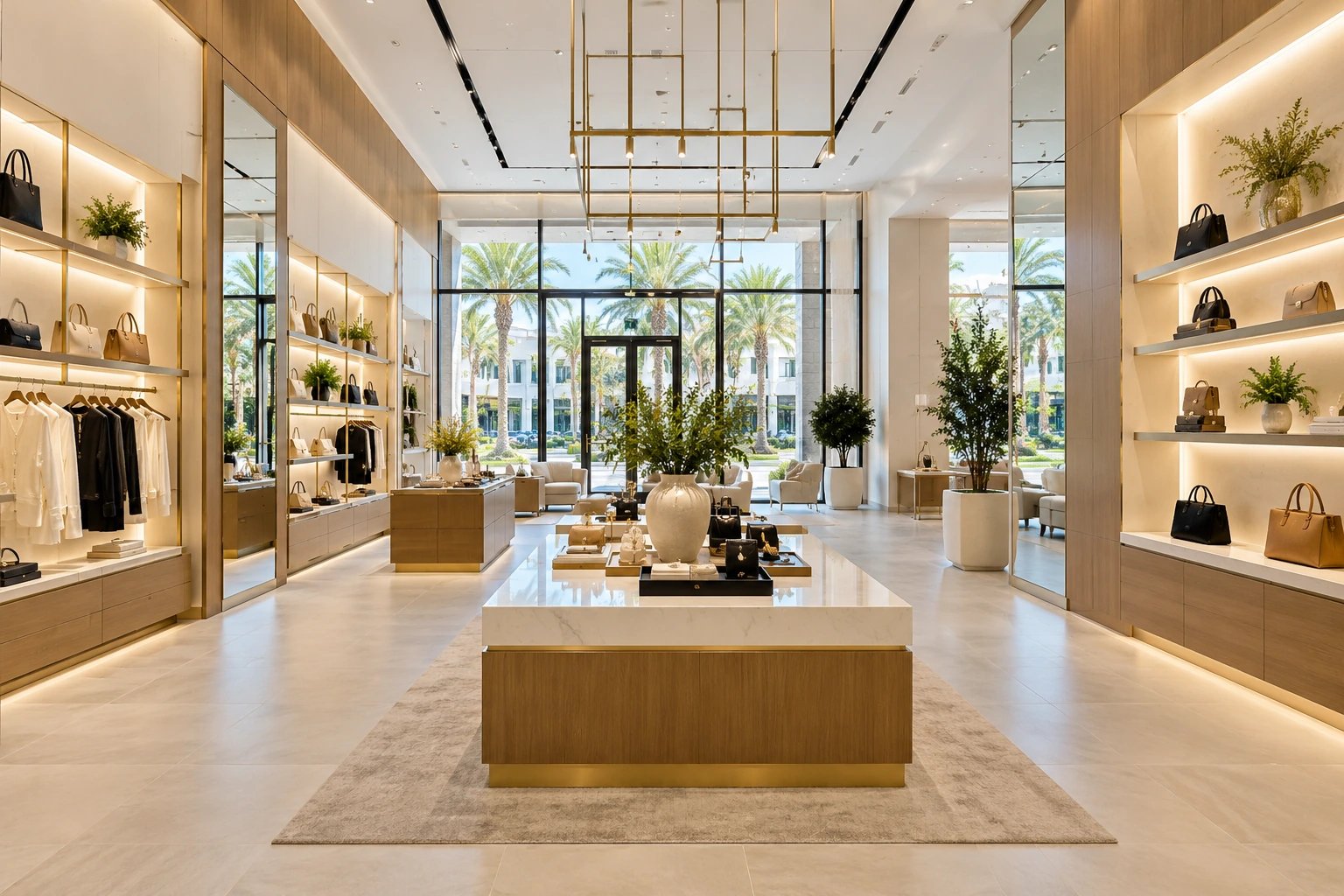 Retail boutique buildout with lit wall shelving