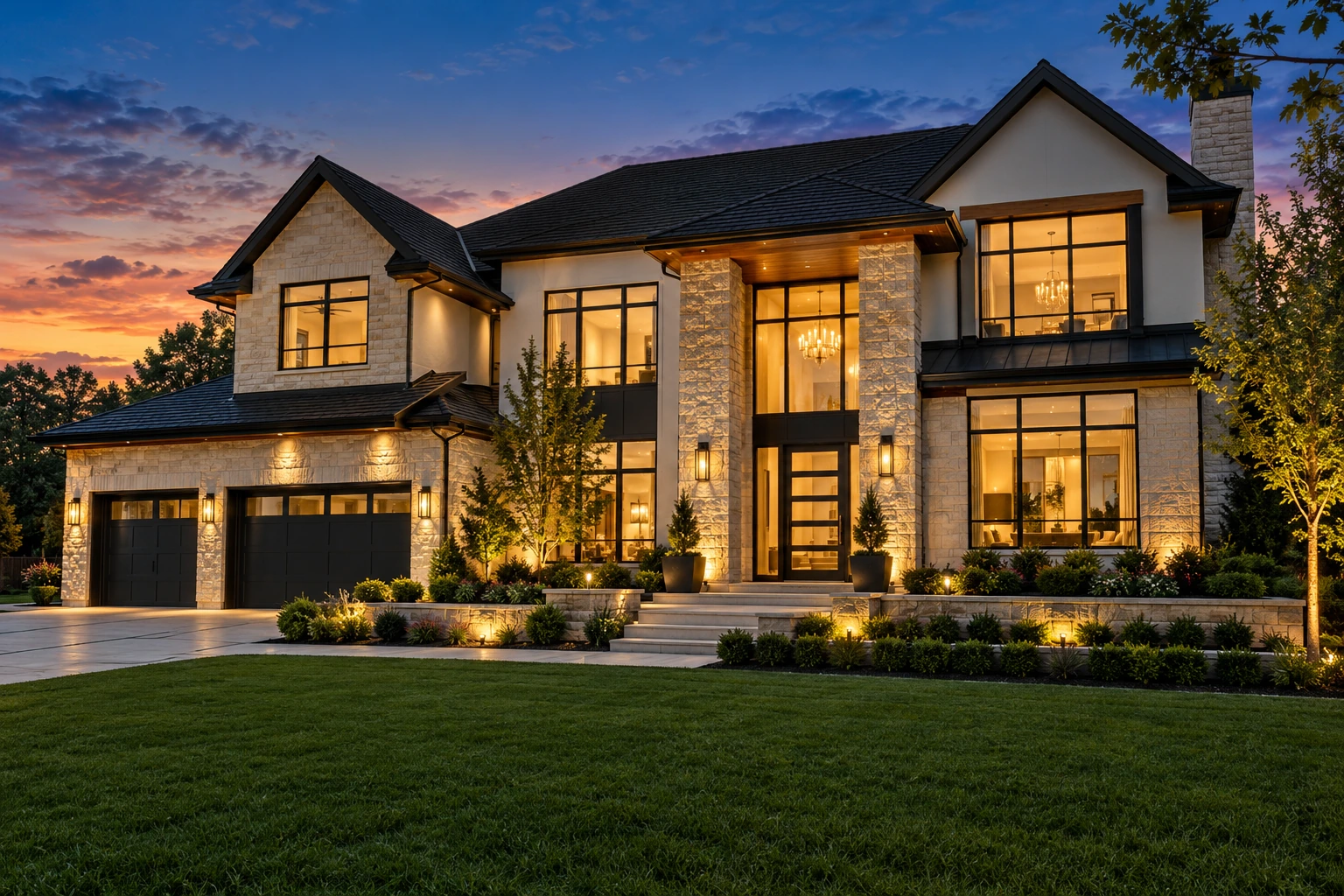 Two-story modern home exterior lit at dusk