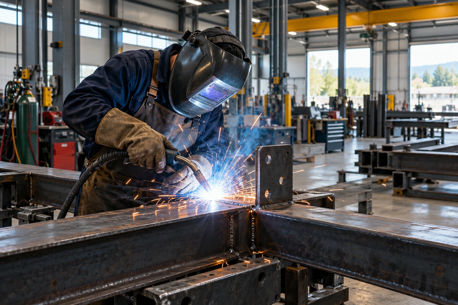 Welder joining structural steel beams in a fabrication shop