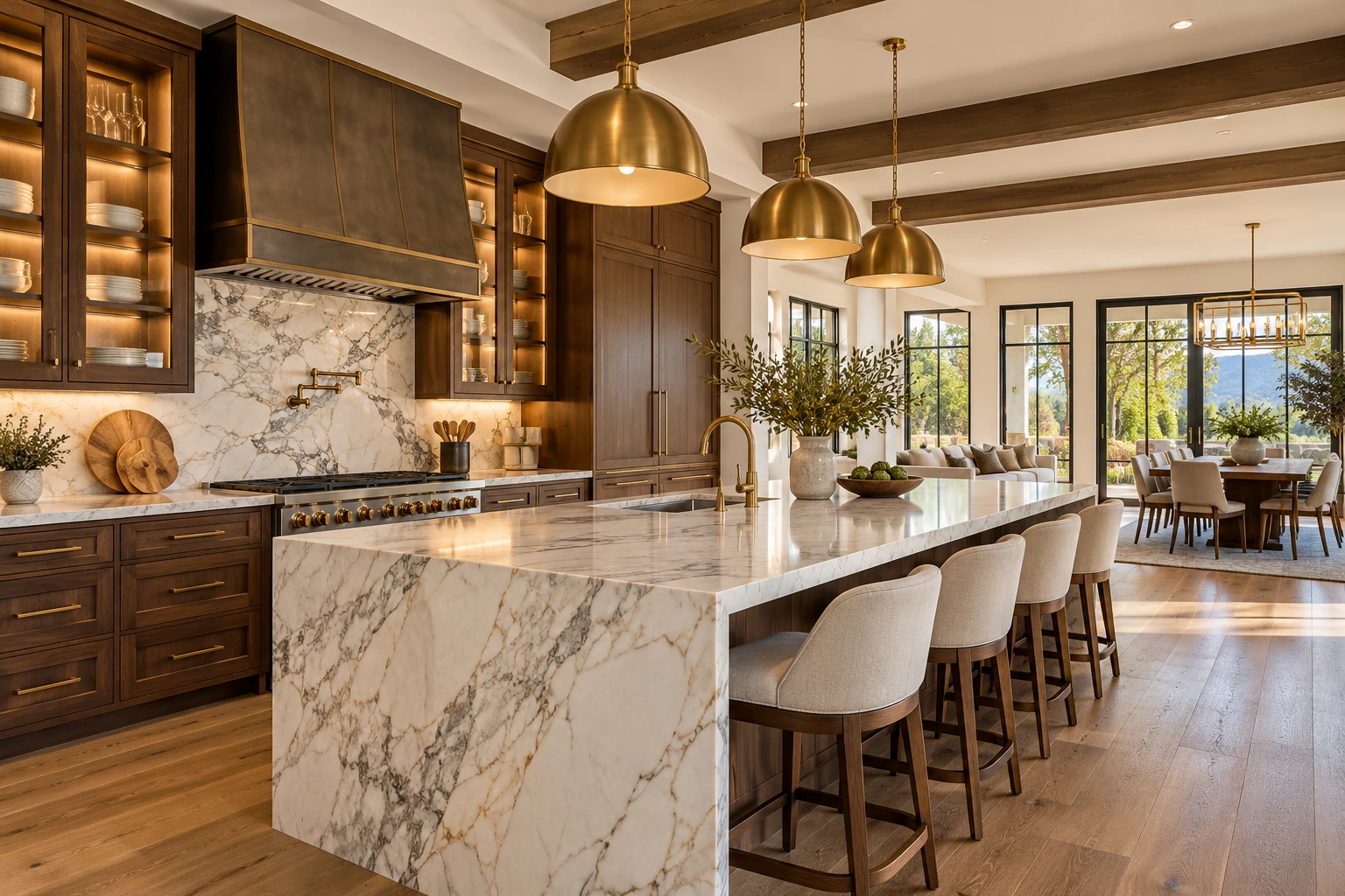 Remodeled kitchen with a marble island and pendant lights