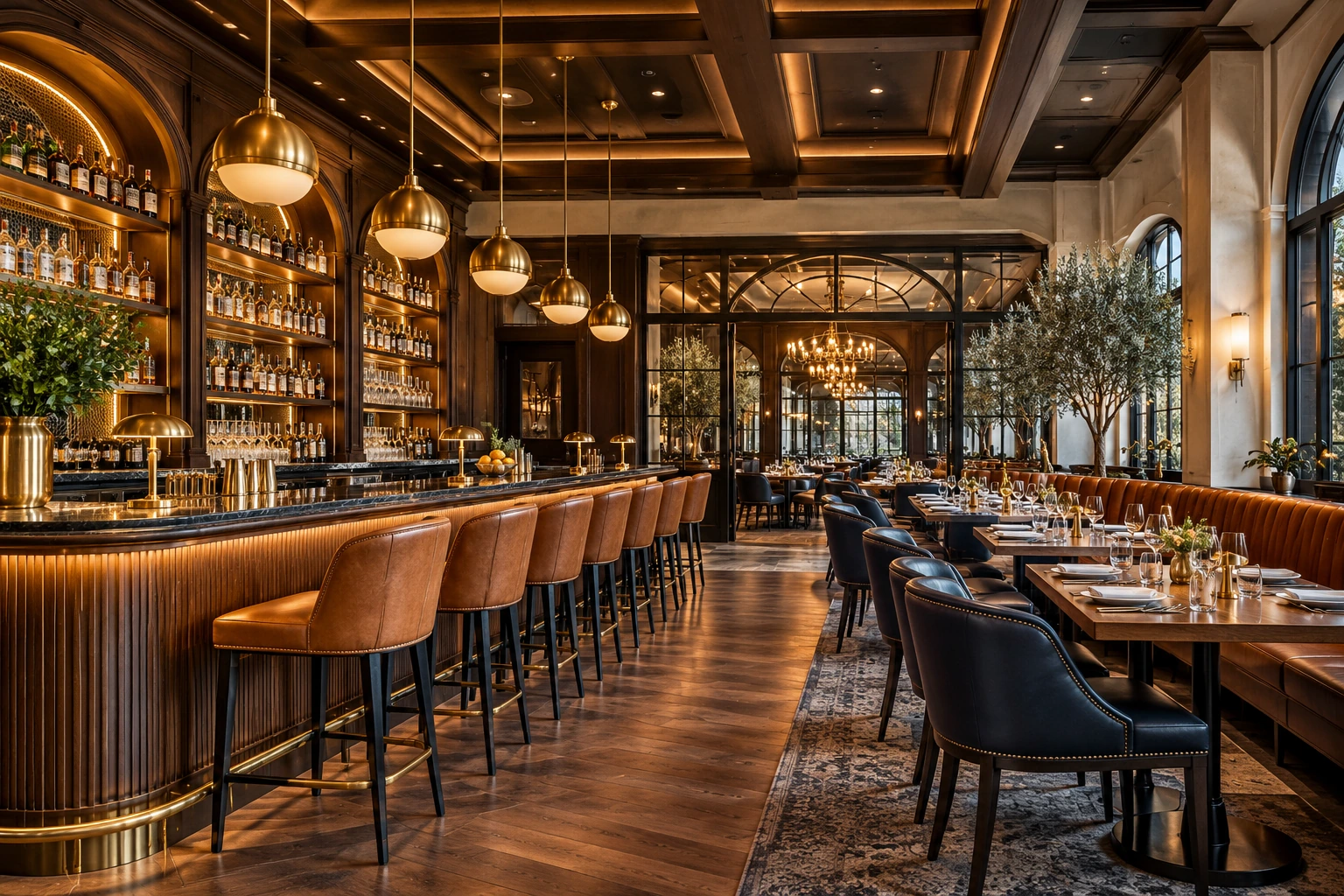Restaurant buildout with a long bar and booth seating
