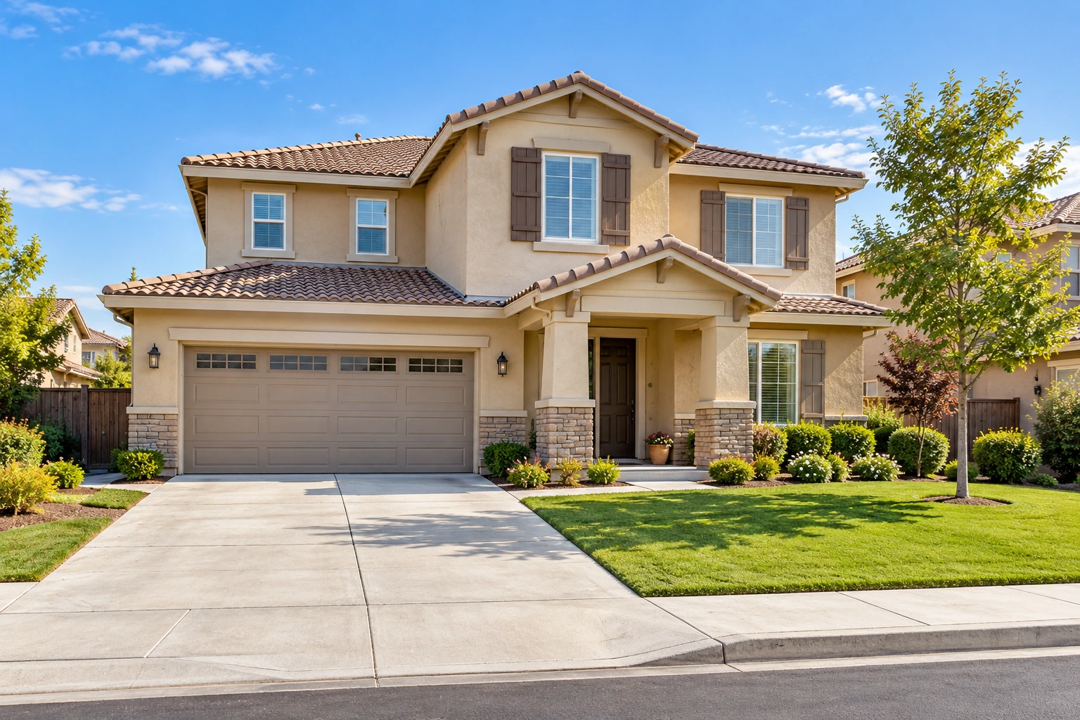 Stucco home with a tile roof in Bakersfield California